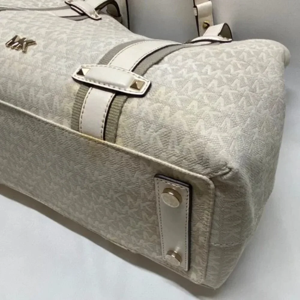 Michael Kors Griffin Large Logo‎ Tote Natural Jacqard Canvas Leather Trim GUC